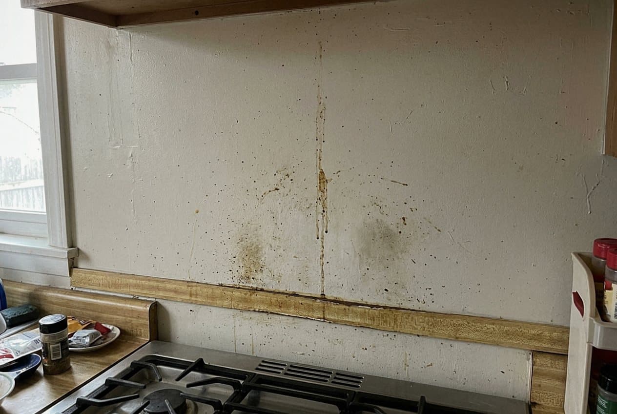 Stained bare wall behind a stove before backsplash