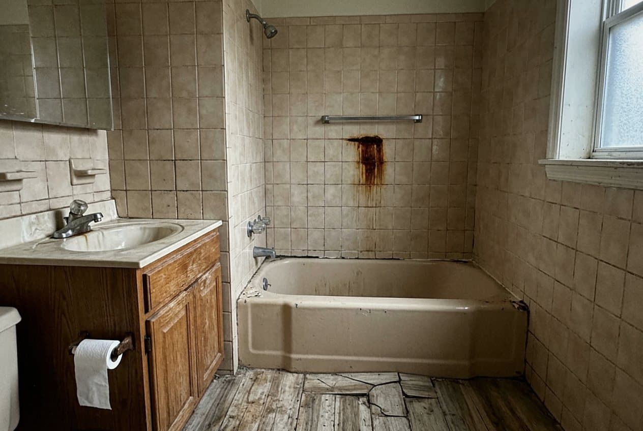 Dated tan bathroom with rust stains and cracks