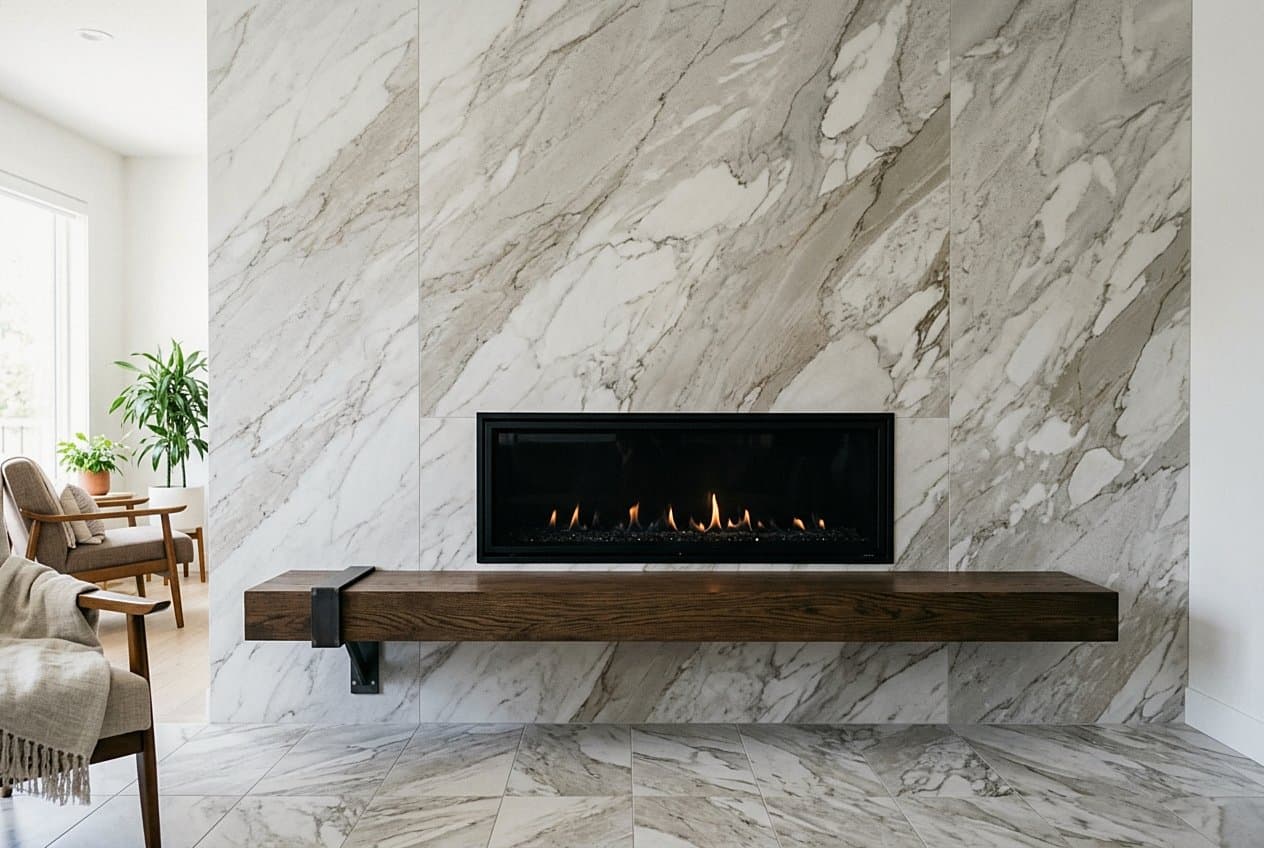 Sleek marble slab fireplace with floating wood mantel