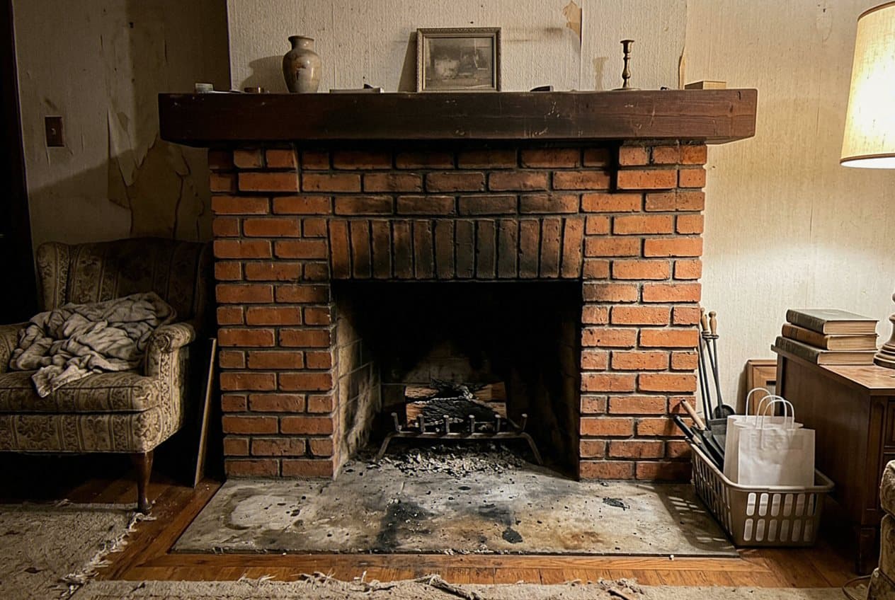 Dated brick fireplace with peeling wall paint