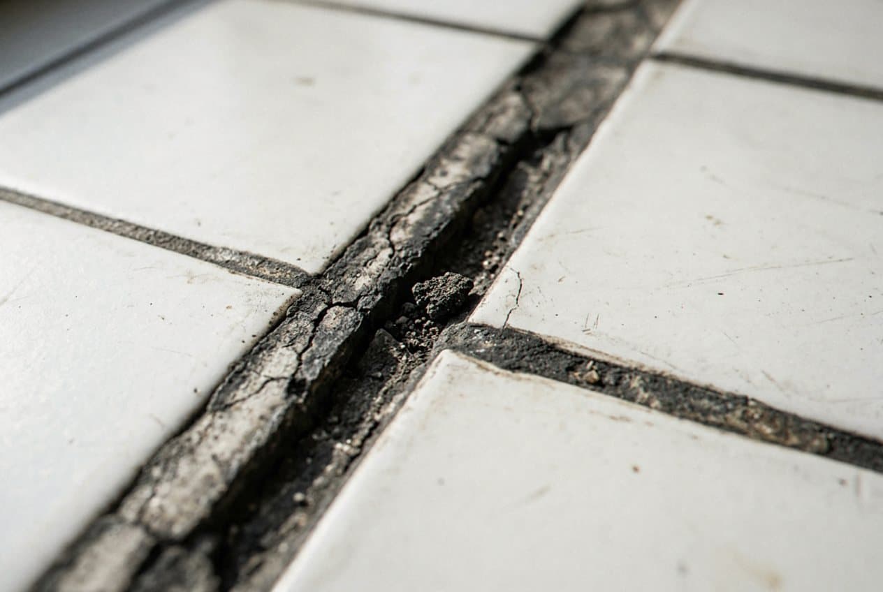 Deteriorated dark grout cracking between white tiles