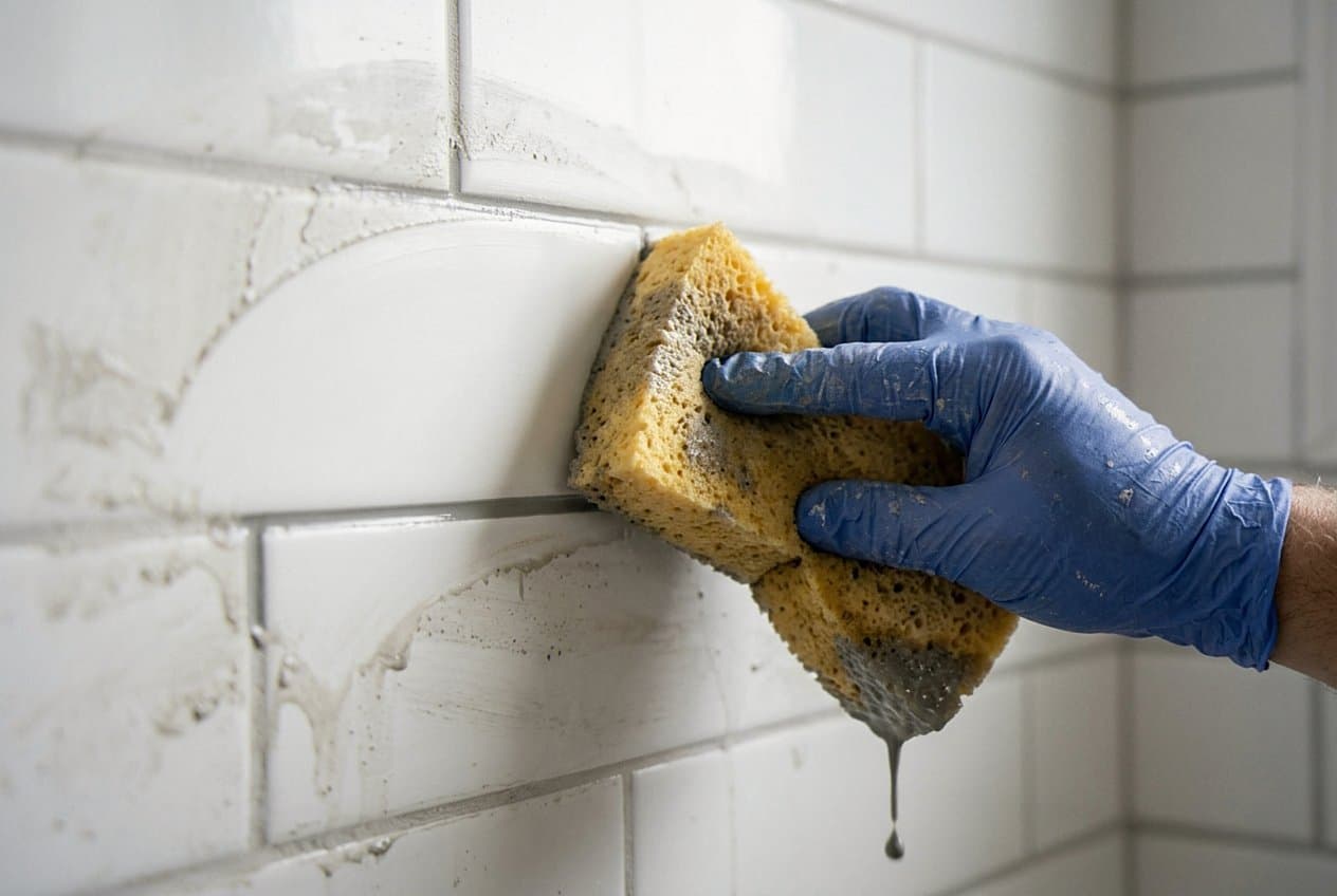 Sponging fresh grout haze off white subway tile