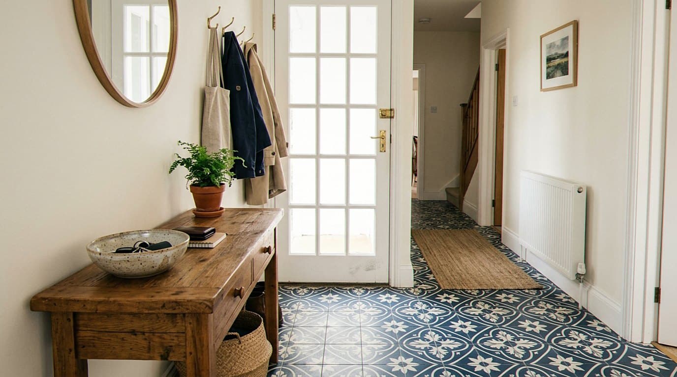 Patterned blue tile floor in a bright entryway