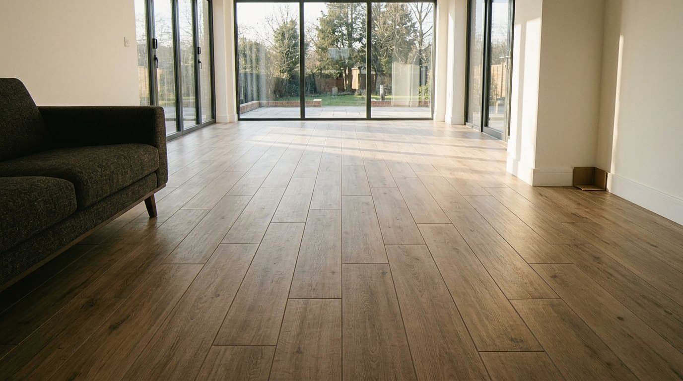 Sunlit living room with wide wood-look tile planks