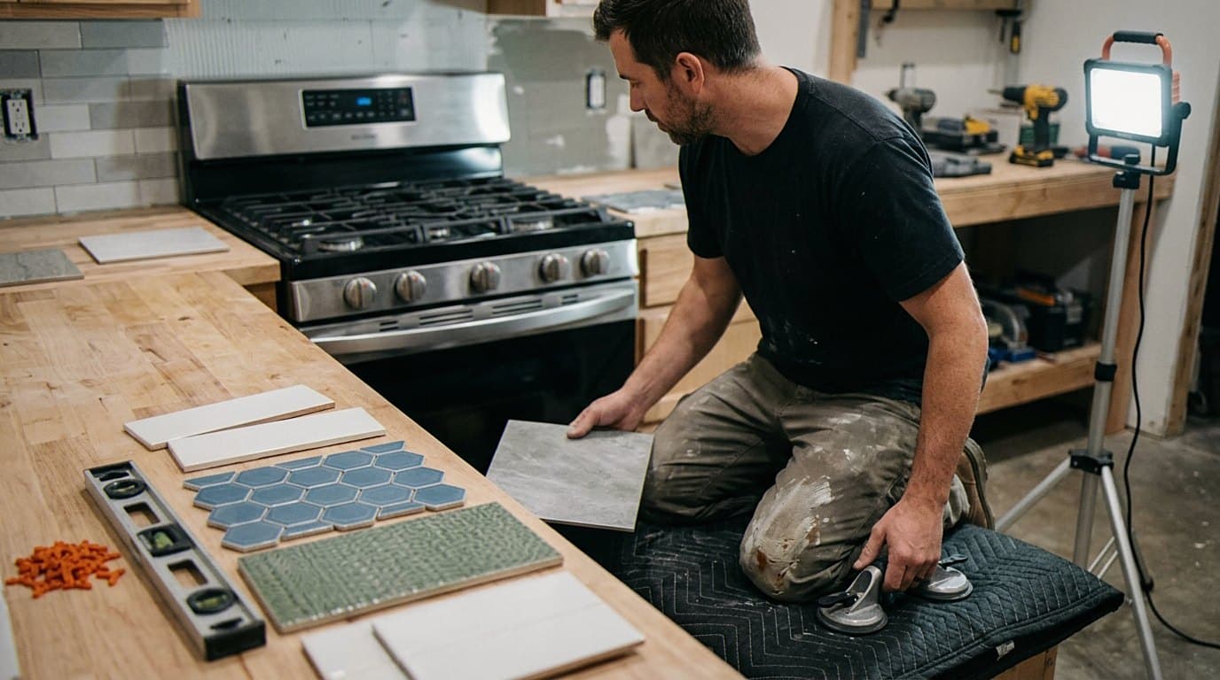 Installer arranging backsplash tile samples near a range