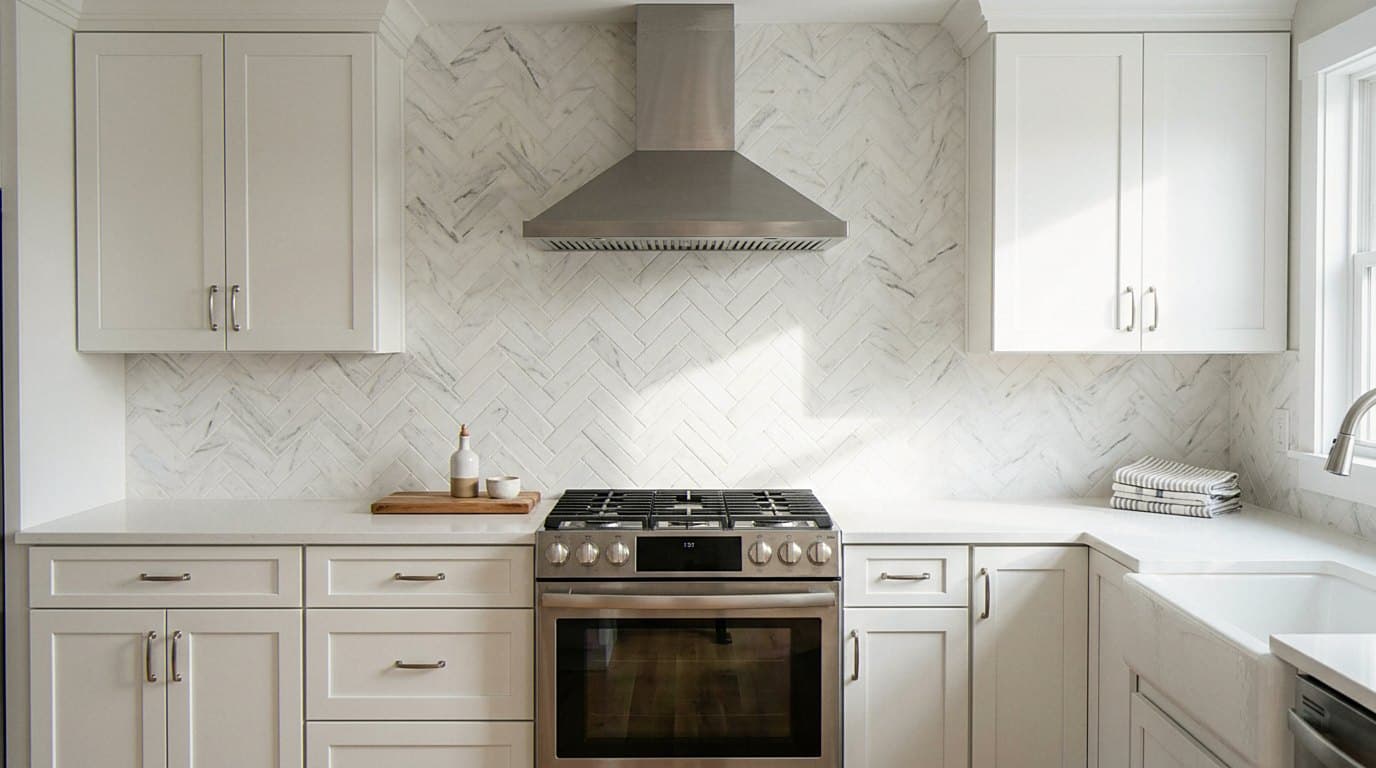 Marble herringbone backsplash behind a stainless range hood