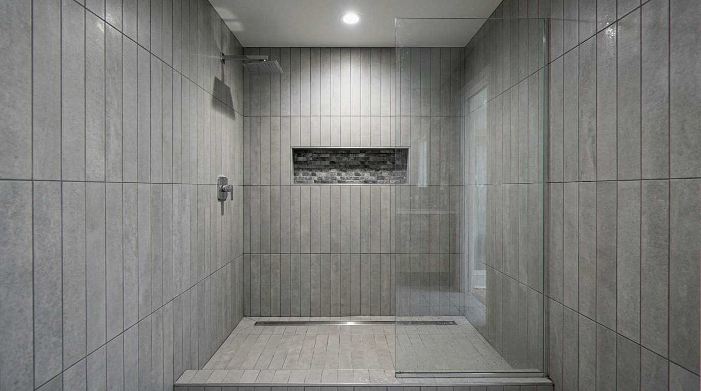 Modern gray stone shower with sleek glass divider