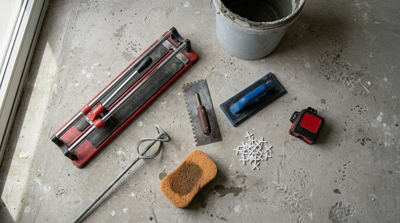 Tile-cutting tools laid out on a concrete floor