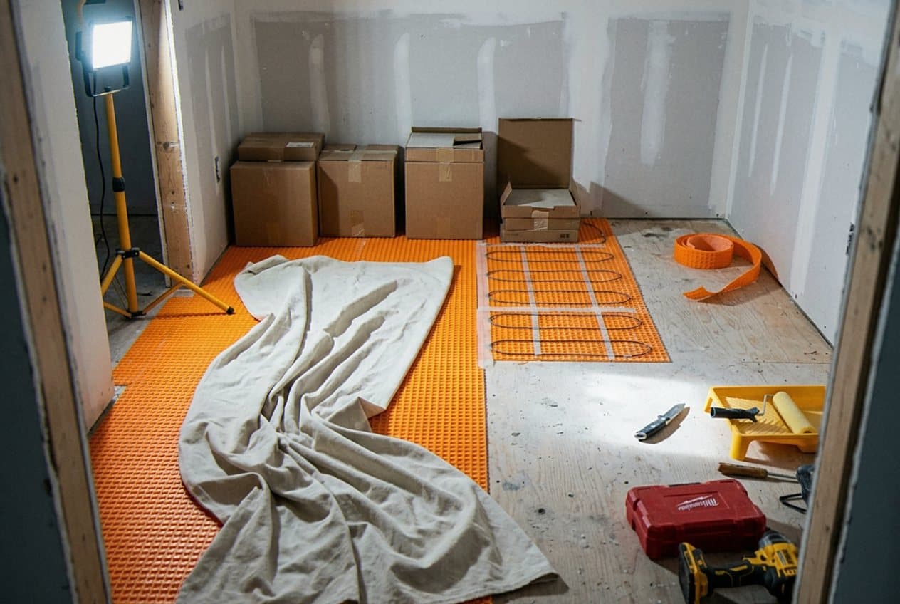 Radiant heating mat installed under a bathroom subfloor