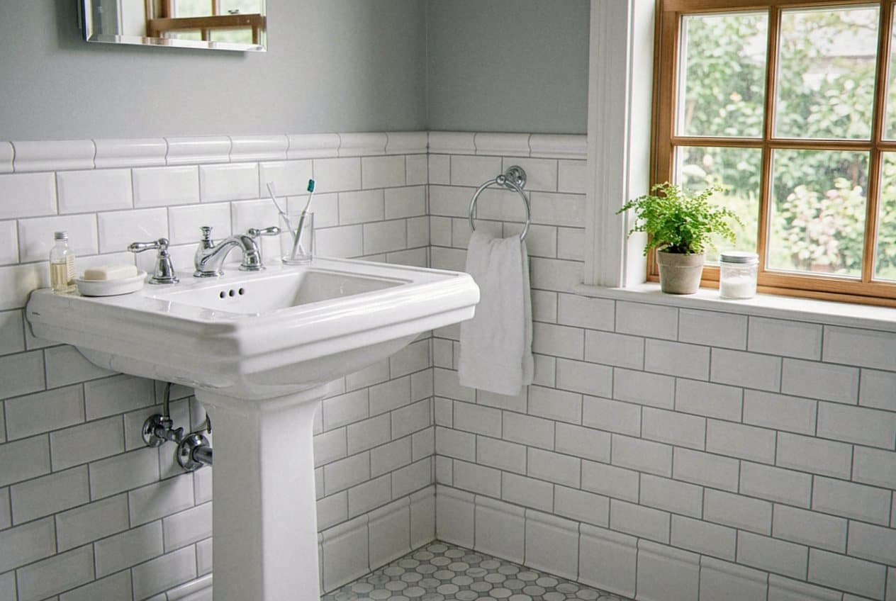 White subway tile wainscot bathroom with pedestal sink