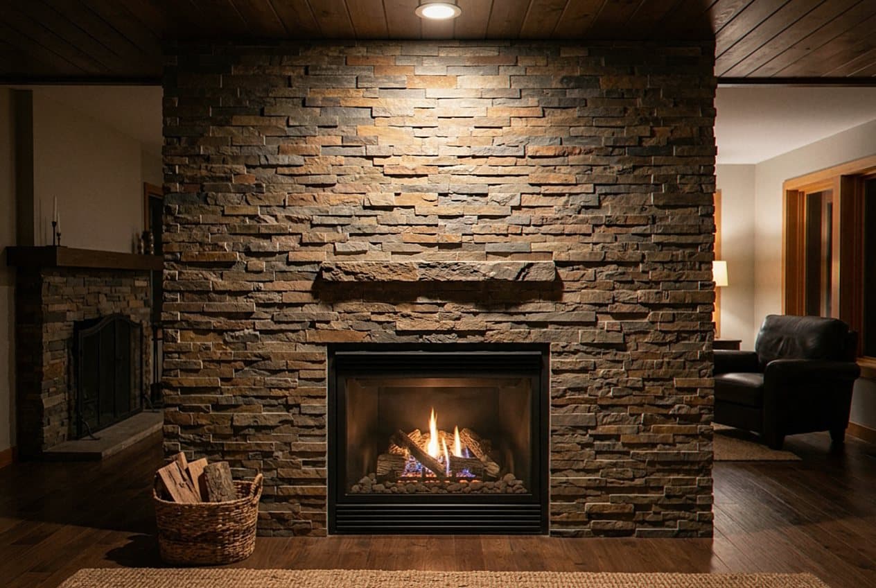 Stacked stone fireplace wall with a lit gas insert