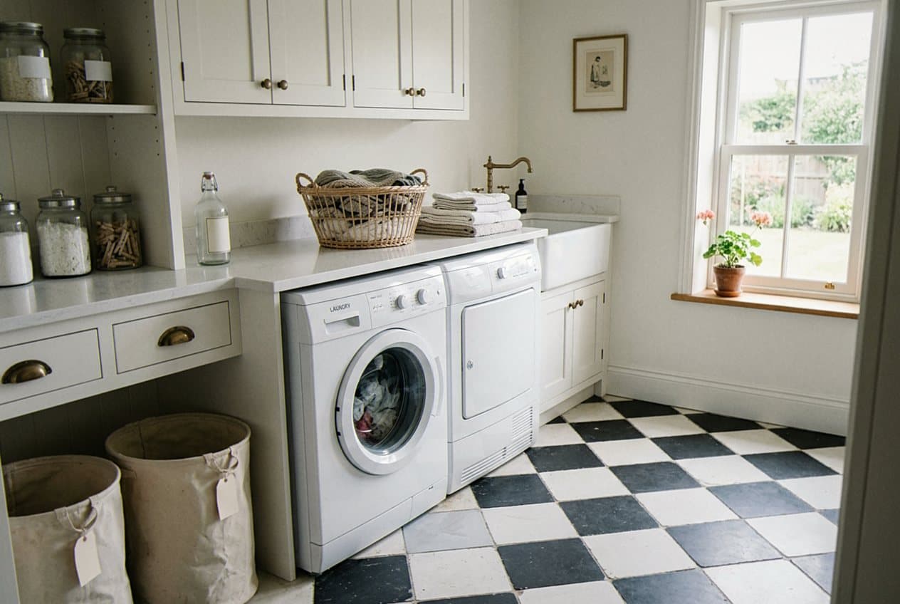 Black and white checkerboard tile in a laundry room