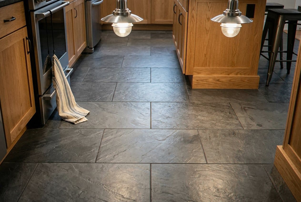 Dark slate-look porcelain floor tile in a kitchen