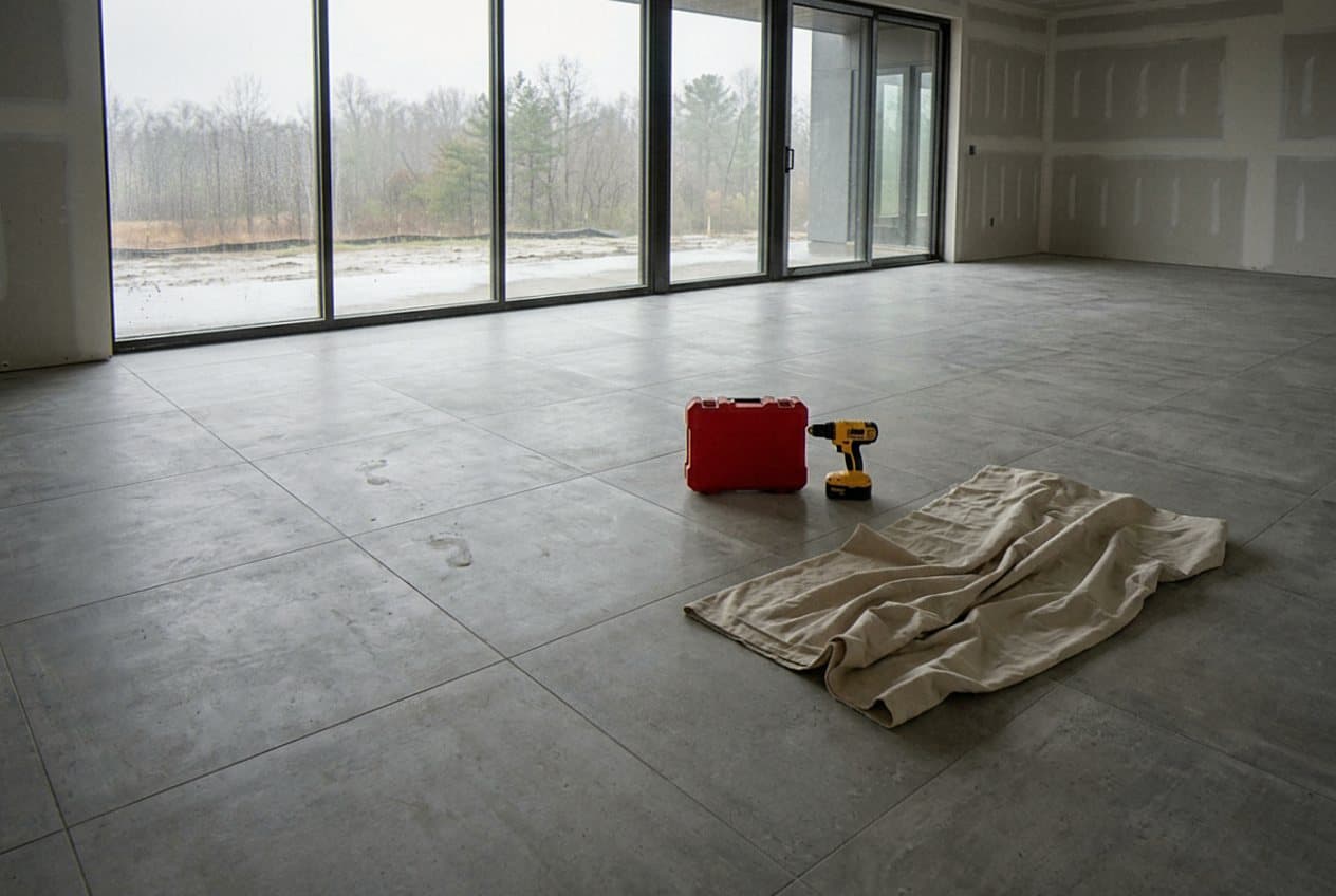 Large-format tile floor in an unfinished sunroom