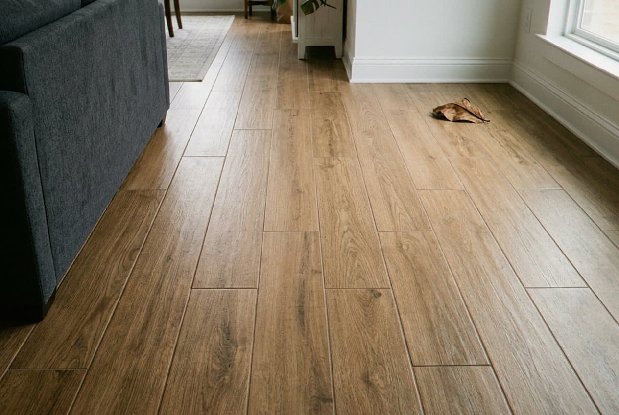 Wood-look tile flooring in a cozy living room
