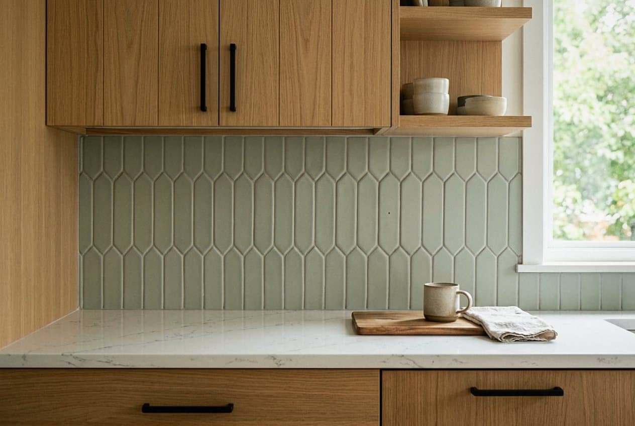 Sage green picket-tile backsplash above white countertop