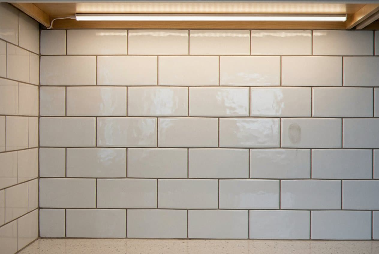 Glossy white subway tile wall under cabinet lighting