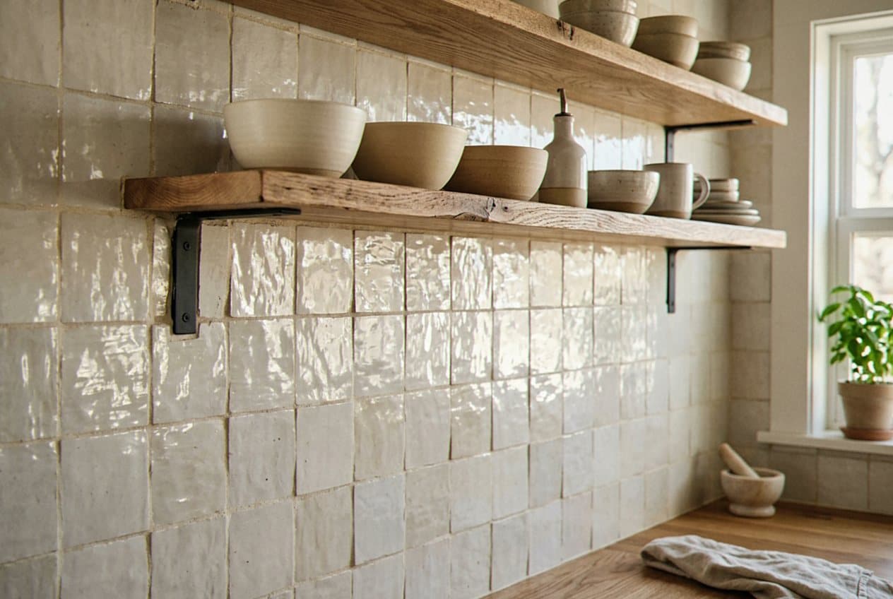 Handmade zellige tile wall with open wood shelving