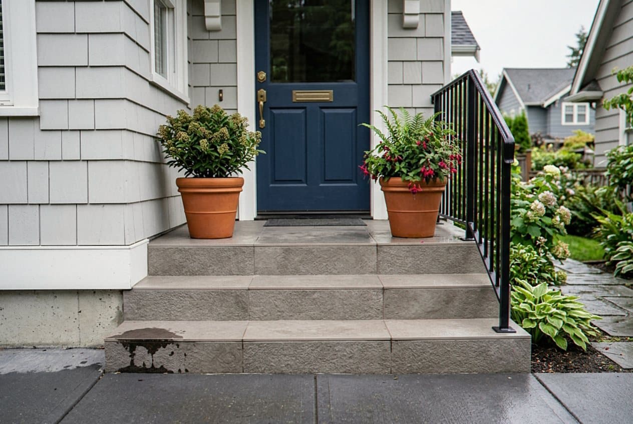 Large-format tile porch steps with potted plants
