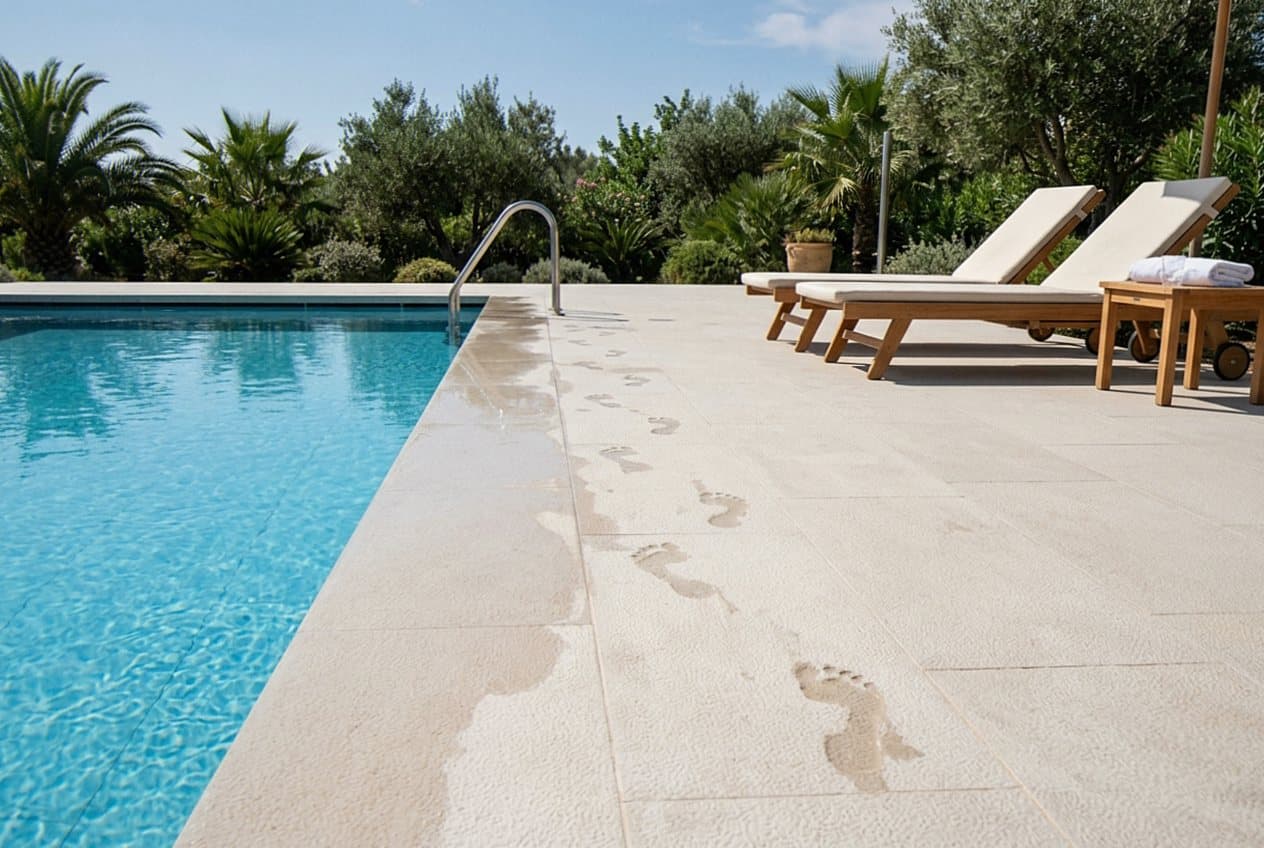 Large-format pavers around a pool with wet footprints