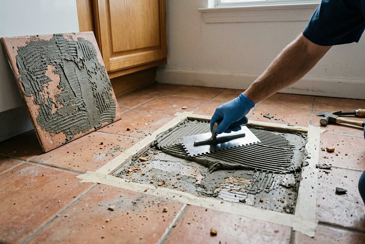 Installer troweling thinset to reset a loose tile