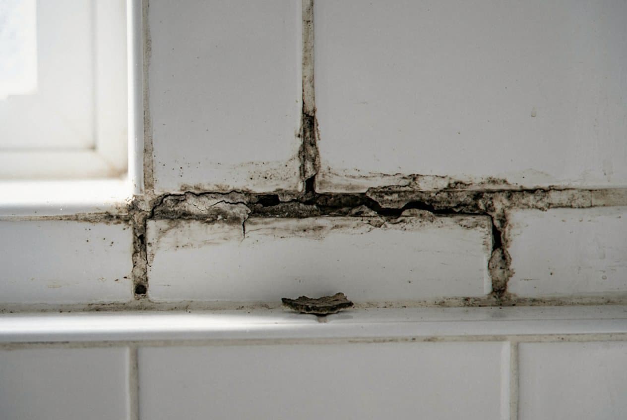 Cracked crumbling grout between white floor tiles