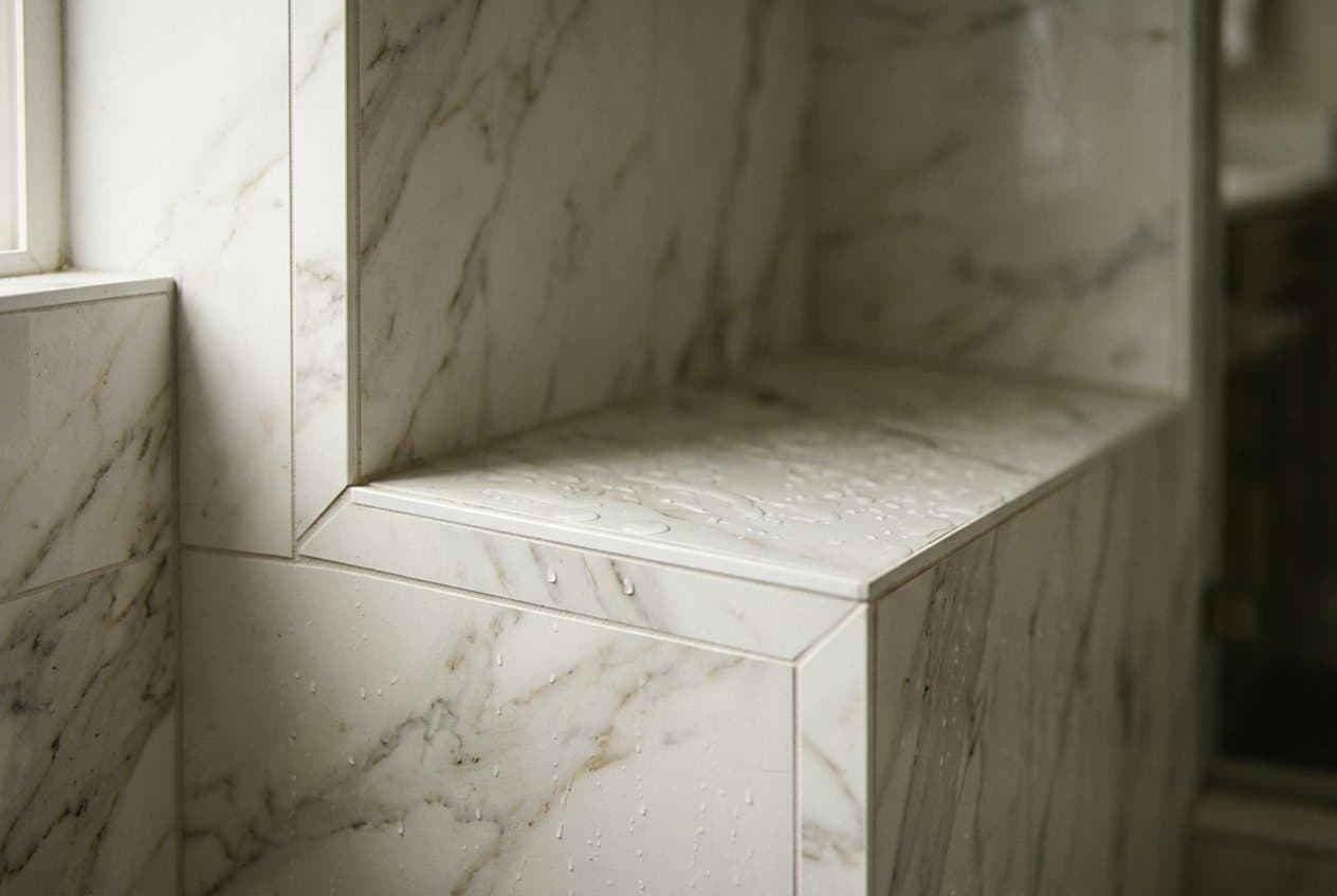 Marble shower bench corner with water droplets