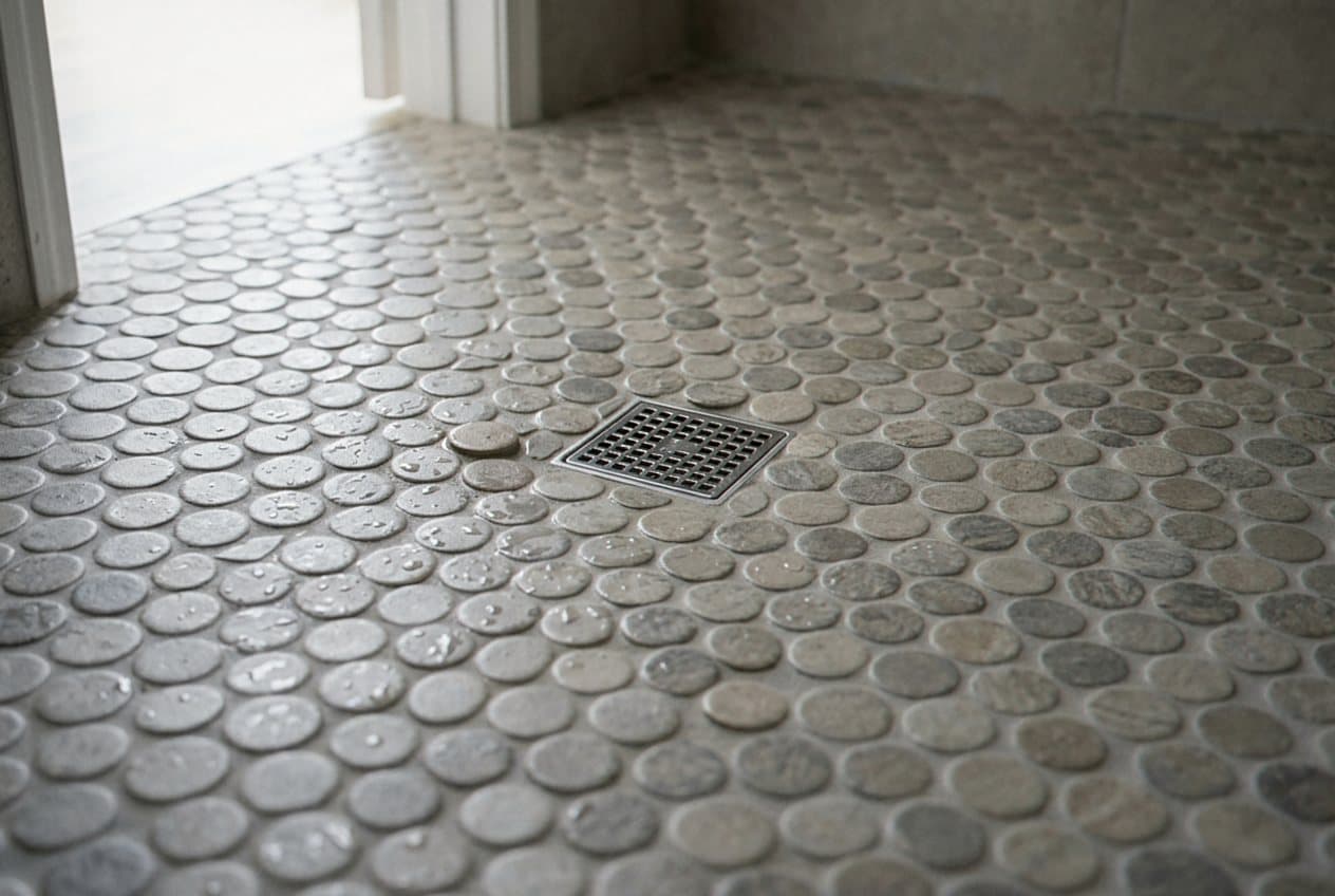 Round pebble mosaic shower floor around center drain