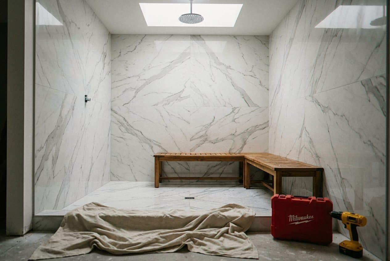 Marble walk-in shower with built-in teak bench