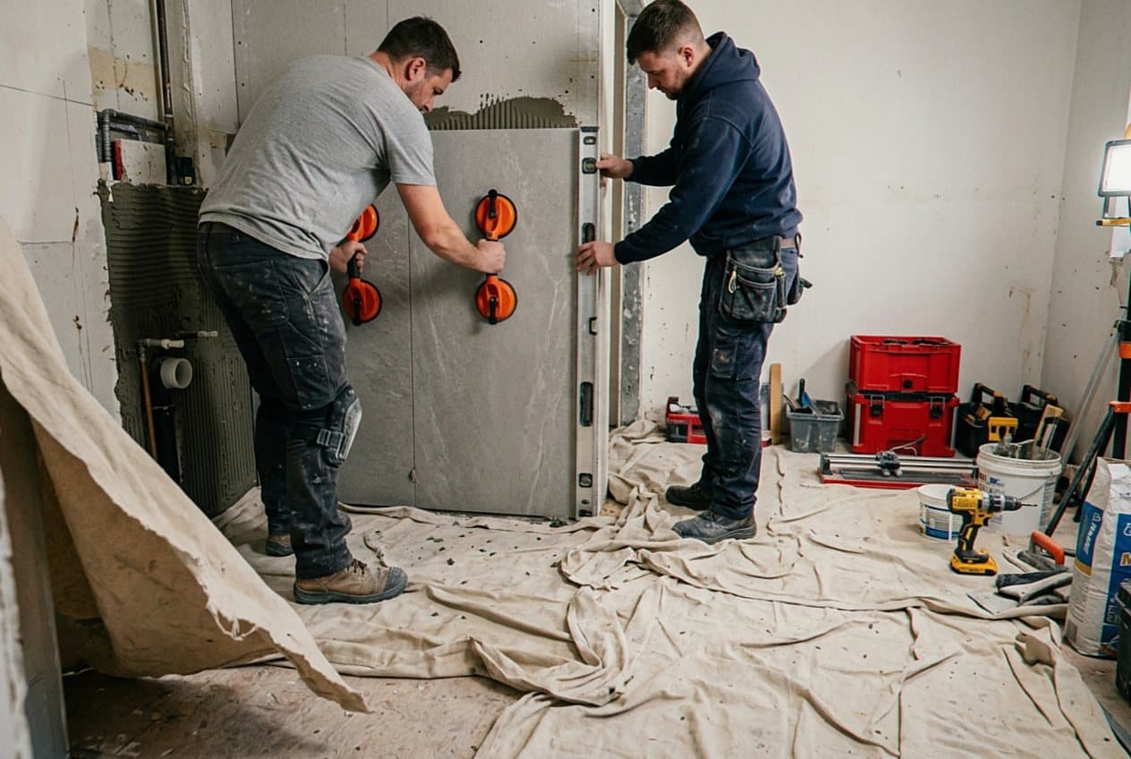 Two installers setting a large tile wall panel