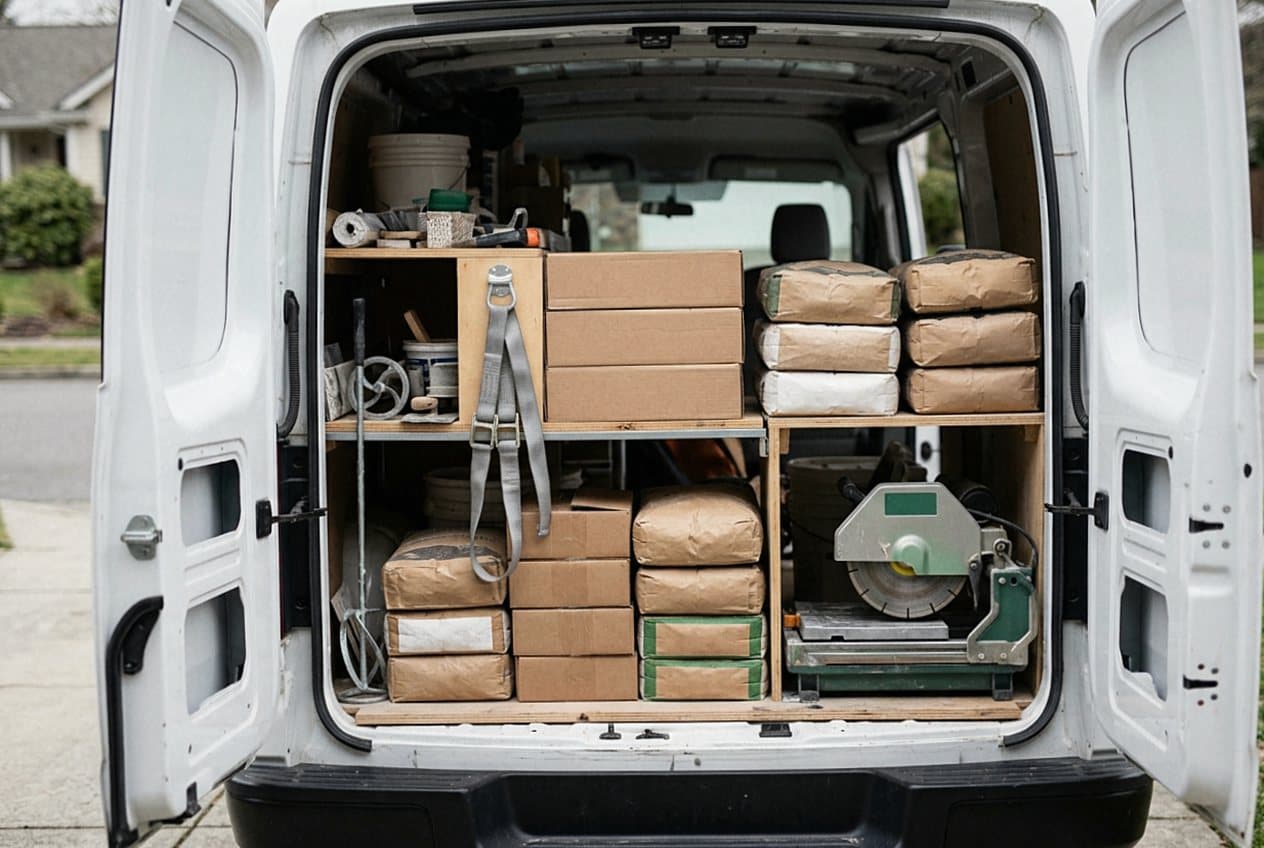 Work van shelving stocked with tile and supplies